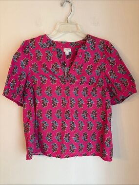 J. Crew women’s Fuchsia Floral V-Neck Short Sleeve cotton Blouse medium summer